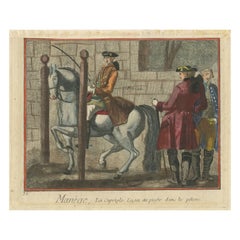 Antique Print of Horse Riding: Piaffe Lesson Between Pillars