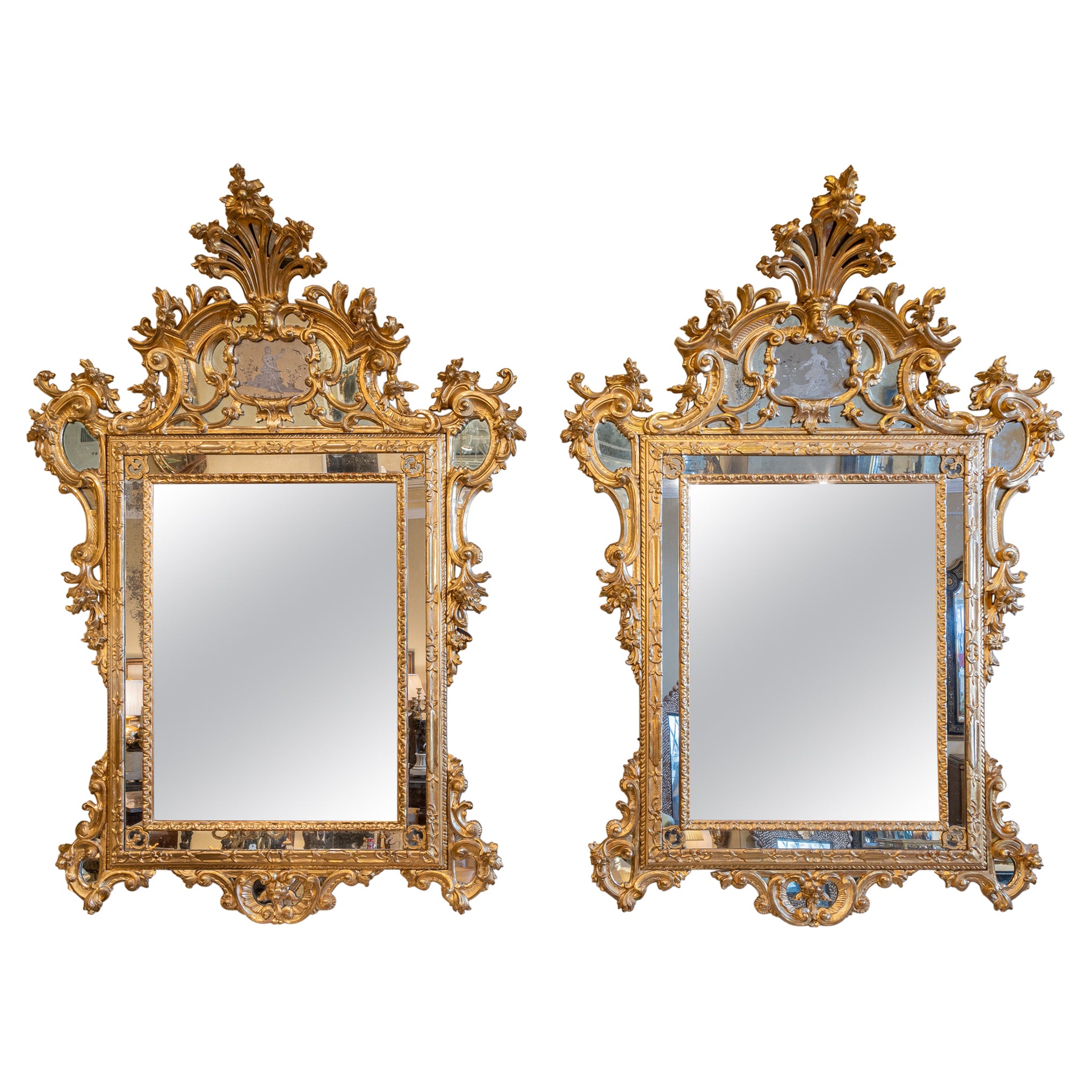 Very Fine Pair of 19th C French Water Gilt Carved and Etched Palatial Mirrors For Sale