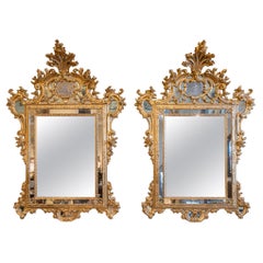 Very Fine Pair of 19th C French Water Gilt Carved and Etched Palatial Mirrors