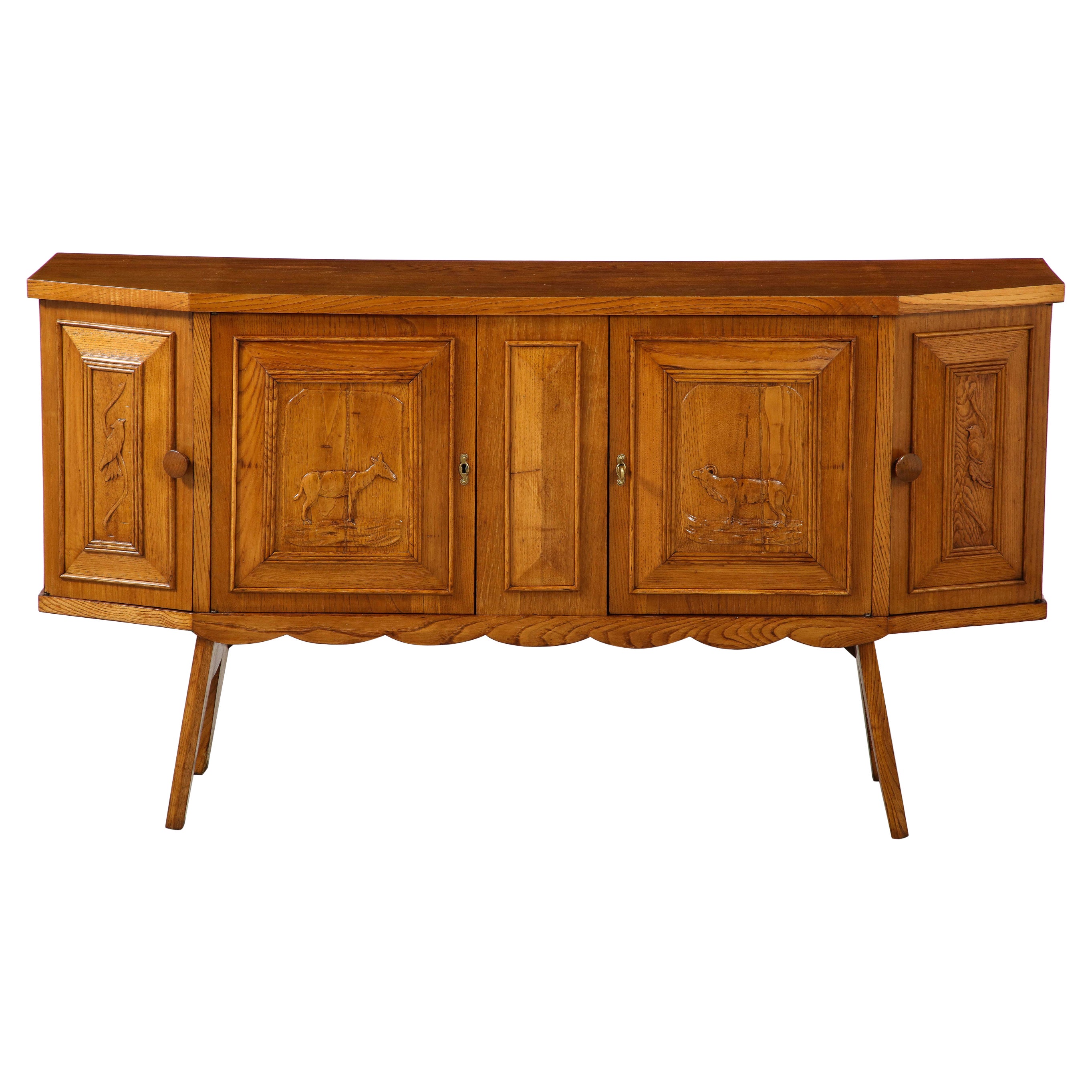 Italian Tuscan Art Deco Carved Oak Sideboard or Credenza, circa 1940 For Sale