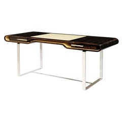 Shanghai Desk in Ziricotte Wood, Leather Top and Silver Patined Leg