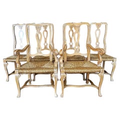 Lovely Set of Six French Rush Seat Cerused Walnut Louis XV Style Dining Chairs