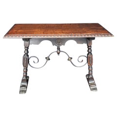 Spanish Walnut Side Table or Desk with Turned and Carved Legs