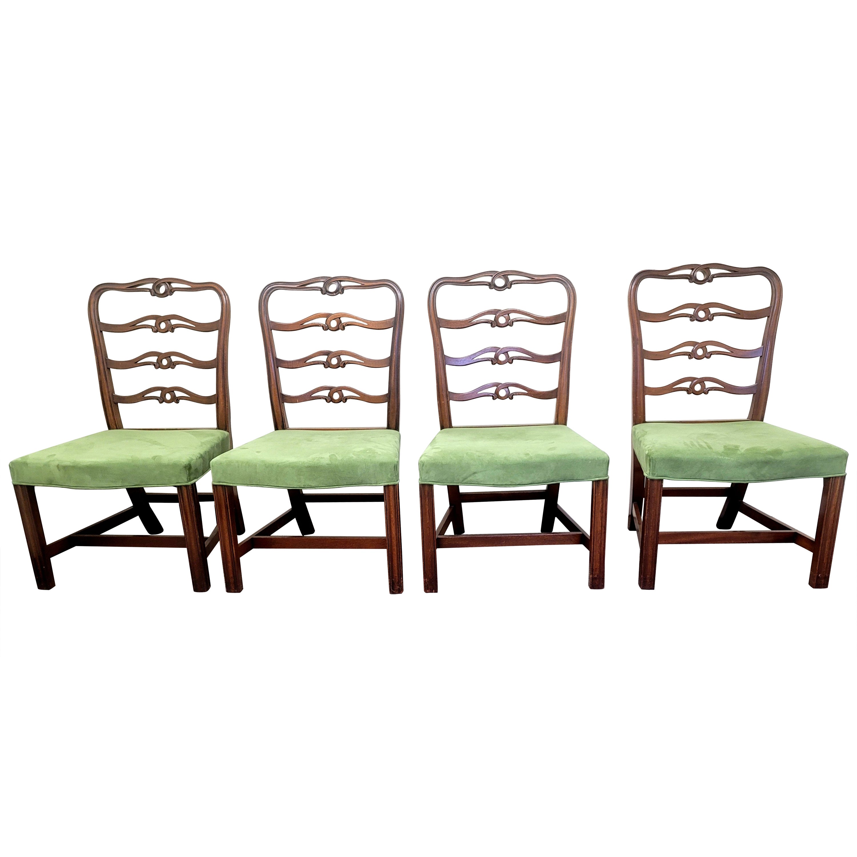19th C. Georgian Set of 4 Pierced Ladder Back Leather Upholstered Dining Chairs For Sale
