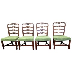 19th C. Georgian Set of 4 Pierced Ladder Back Leather Upholstered Dining Chairs