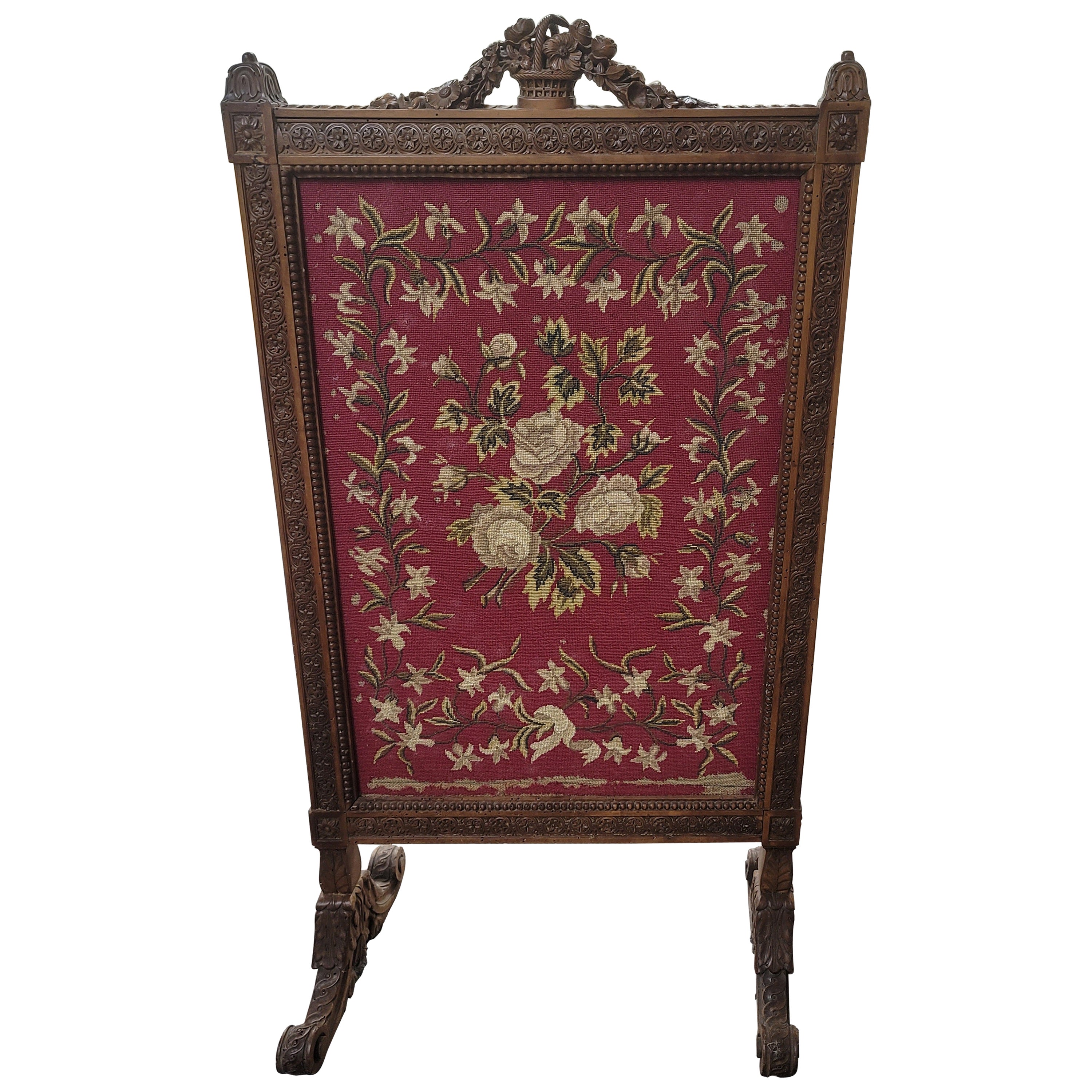 1920s, Edwardian Carved Walnut Tapestried Fire Place Screen For Sale