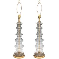 Pair of Modernistic Stacked Glass Table Lamps on Brass Bases