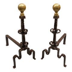 Spanish Pair of Wrought Iron Morels with Bronze Ball Decoration