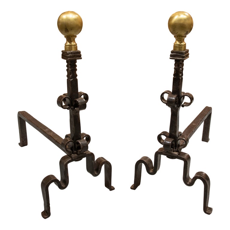 Spanish Pair of Wrought Iron Morels with Bronze Ball Decoration For