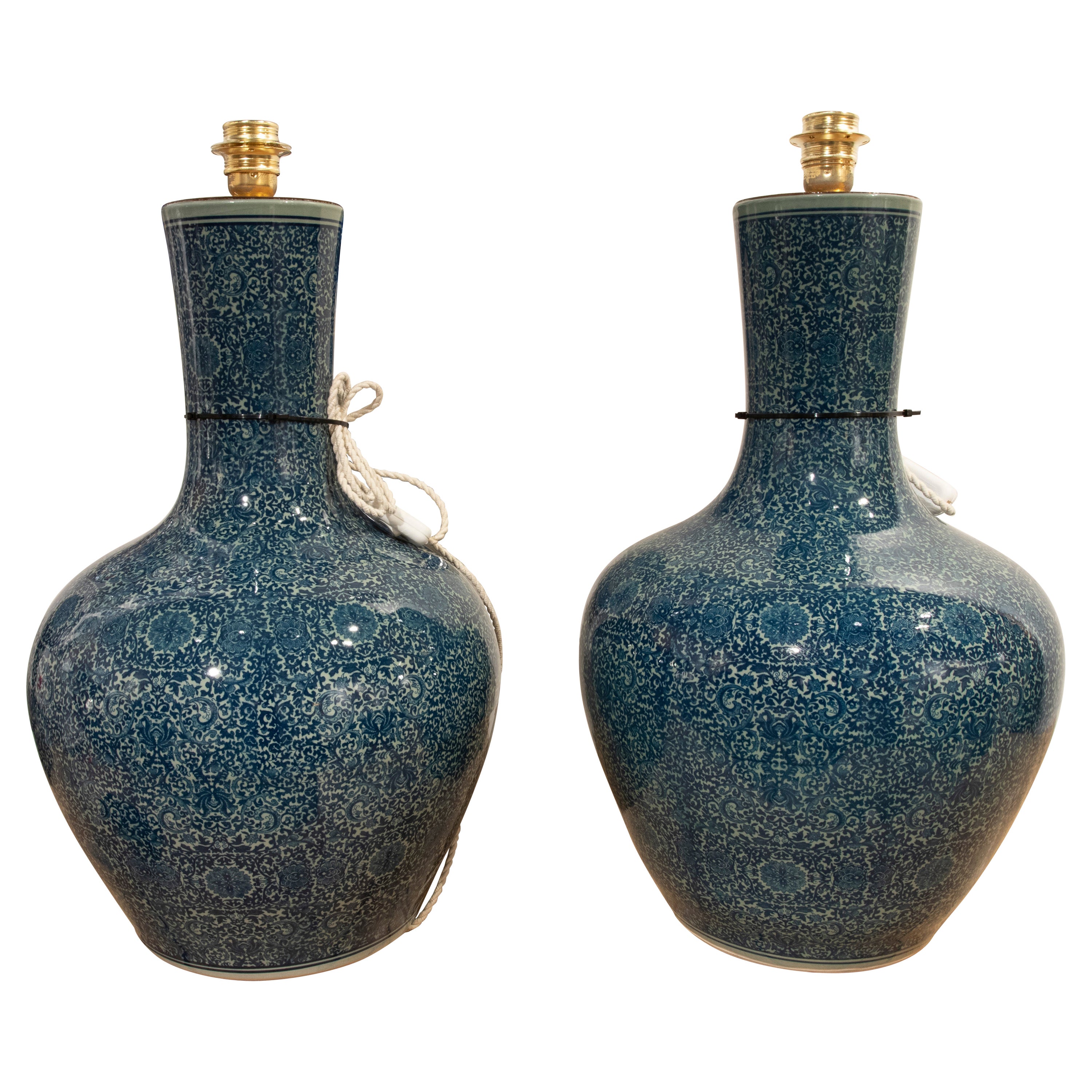 Pair of Ceramic Oriental Table Lamps, Decoration, Bronze, 19th C. For