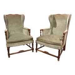 19th Century English Pair of Wooden Armchairs Upholstered in Green Colour