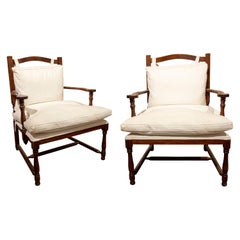 1980s Spanish Pair of Andalusian Wooden Upholstered Armchairs