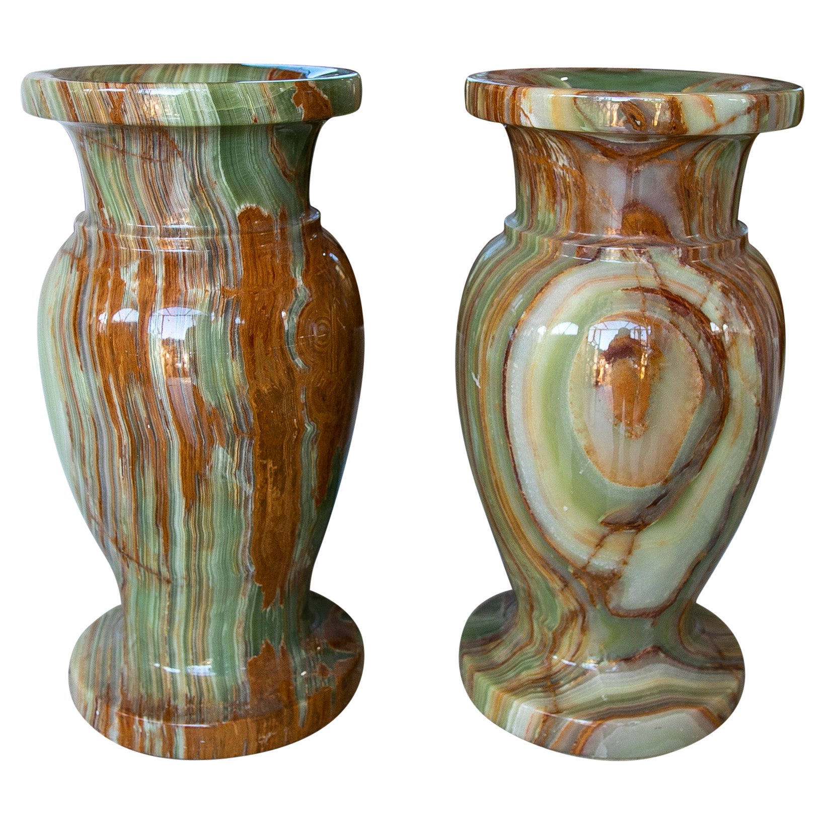 1970s Pair of Green Onyx and Brown Onyx Vases 