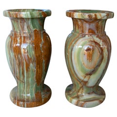 1970s Pair of Green Onyx and Brown Onyx Vases 