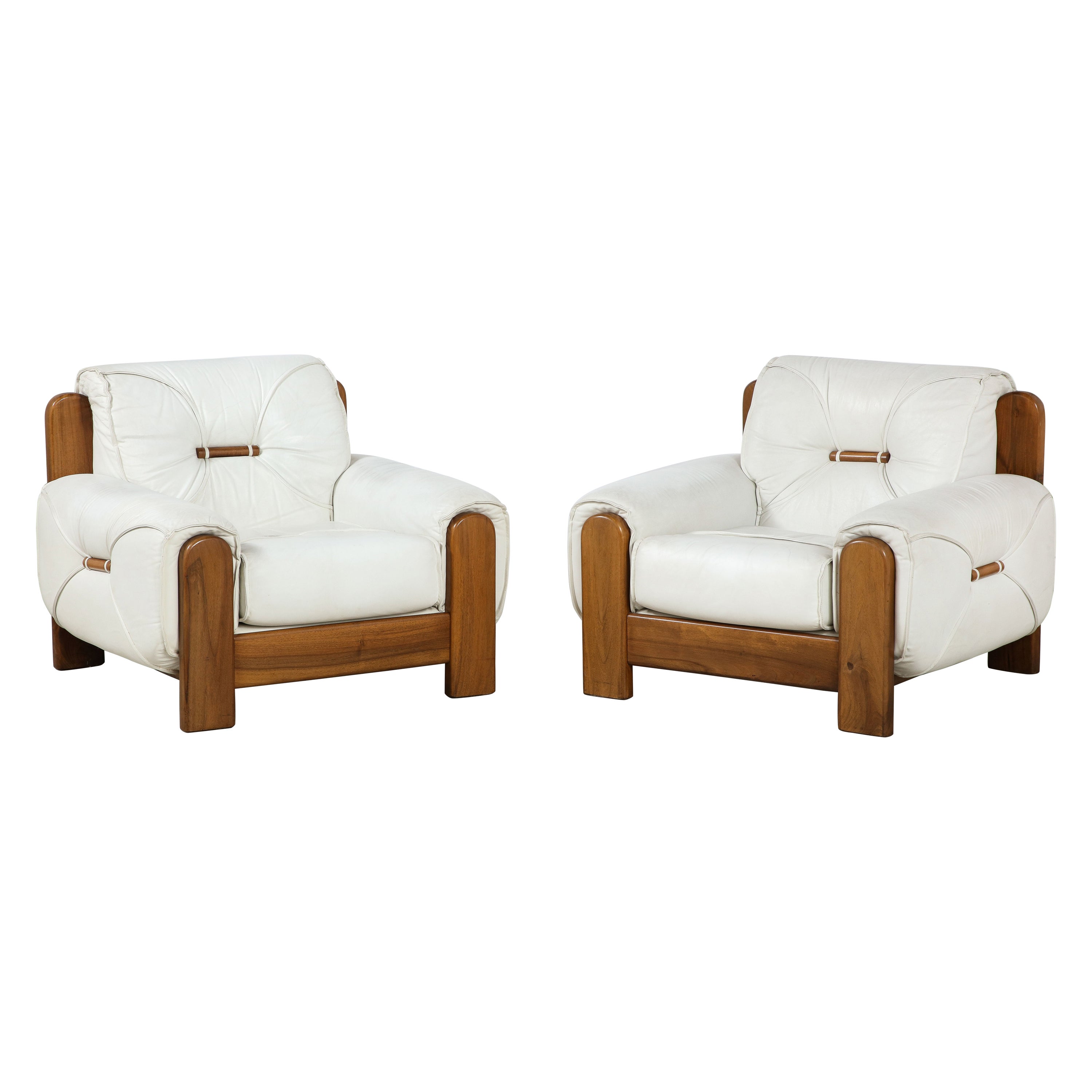Pair of Italian 1970's Walnut and White Leather Lounge Chairs For Sale