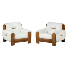 Pair of Italian 1970's Walnut and White Leather Lounge Chairs