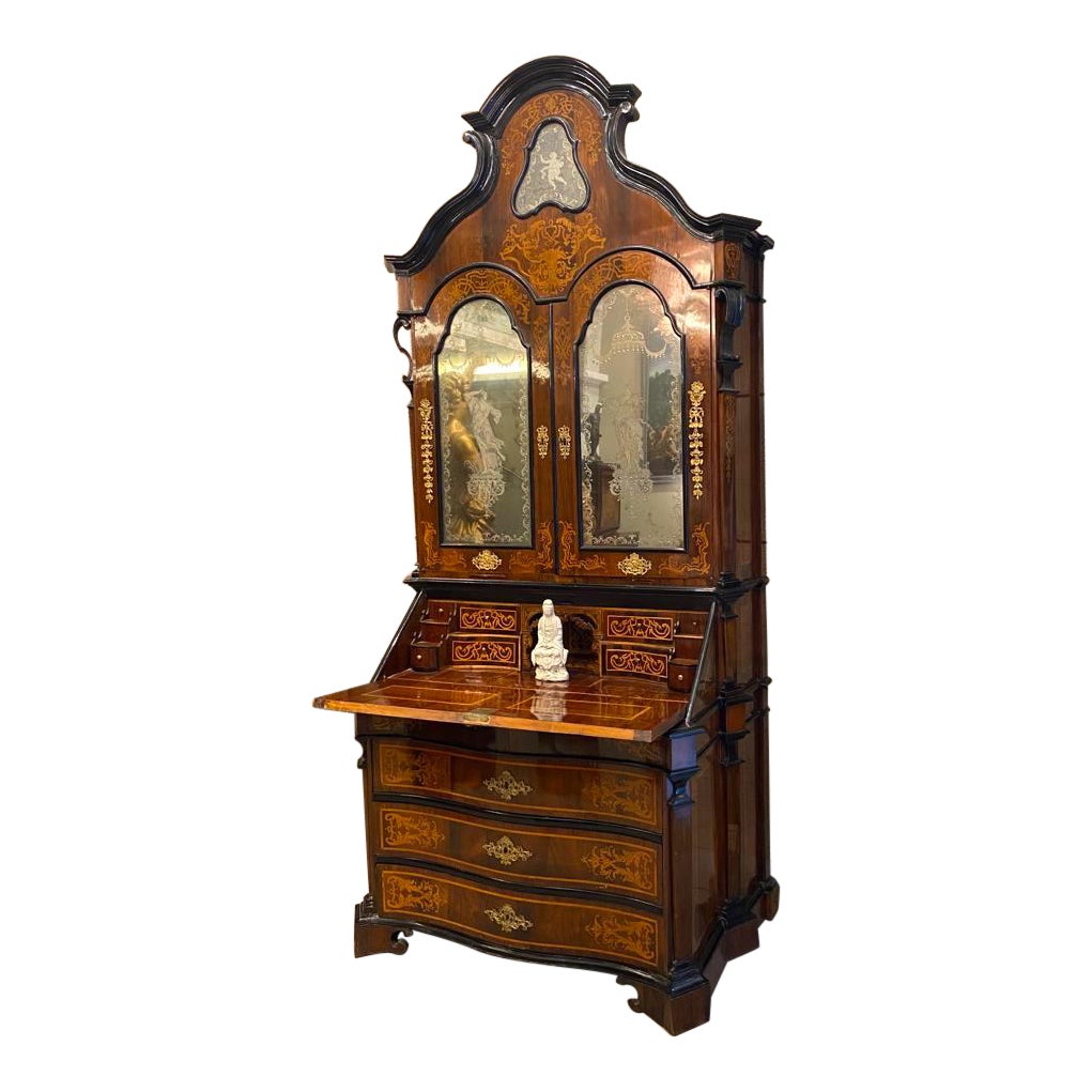 Extraordinary Italian Parquetry Bureau Cabinet Trumeaux Rome, 1740 For Sale