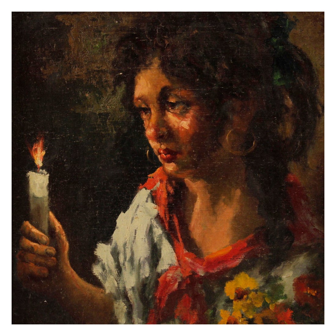 20th Century Oil on Masonite Italian Signed Painting Gipsy Girl Portrait, 1948  For Sale
