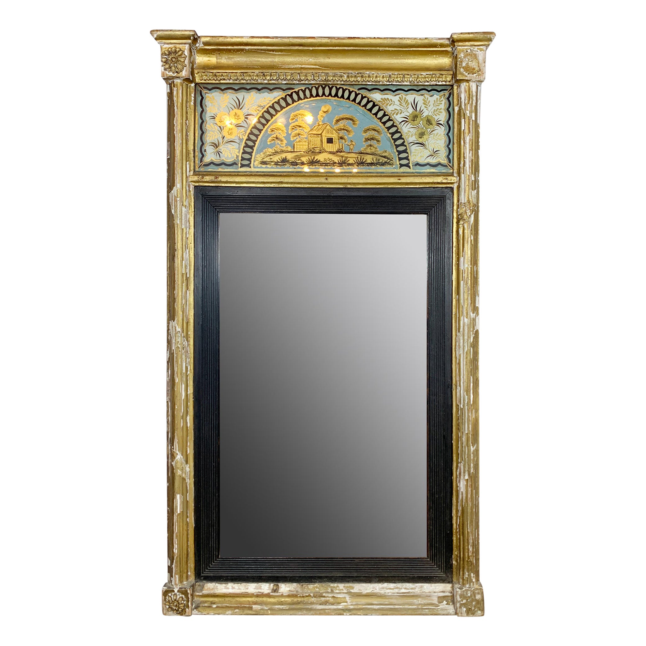 Georgian Gold Gesso Wall Mirror with Verre Eglomise Gilded Glass Frieze For Sale