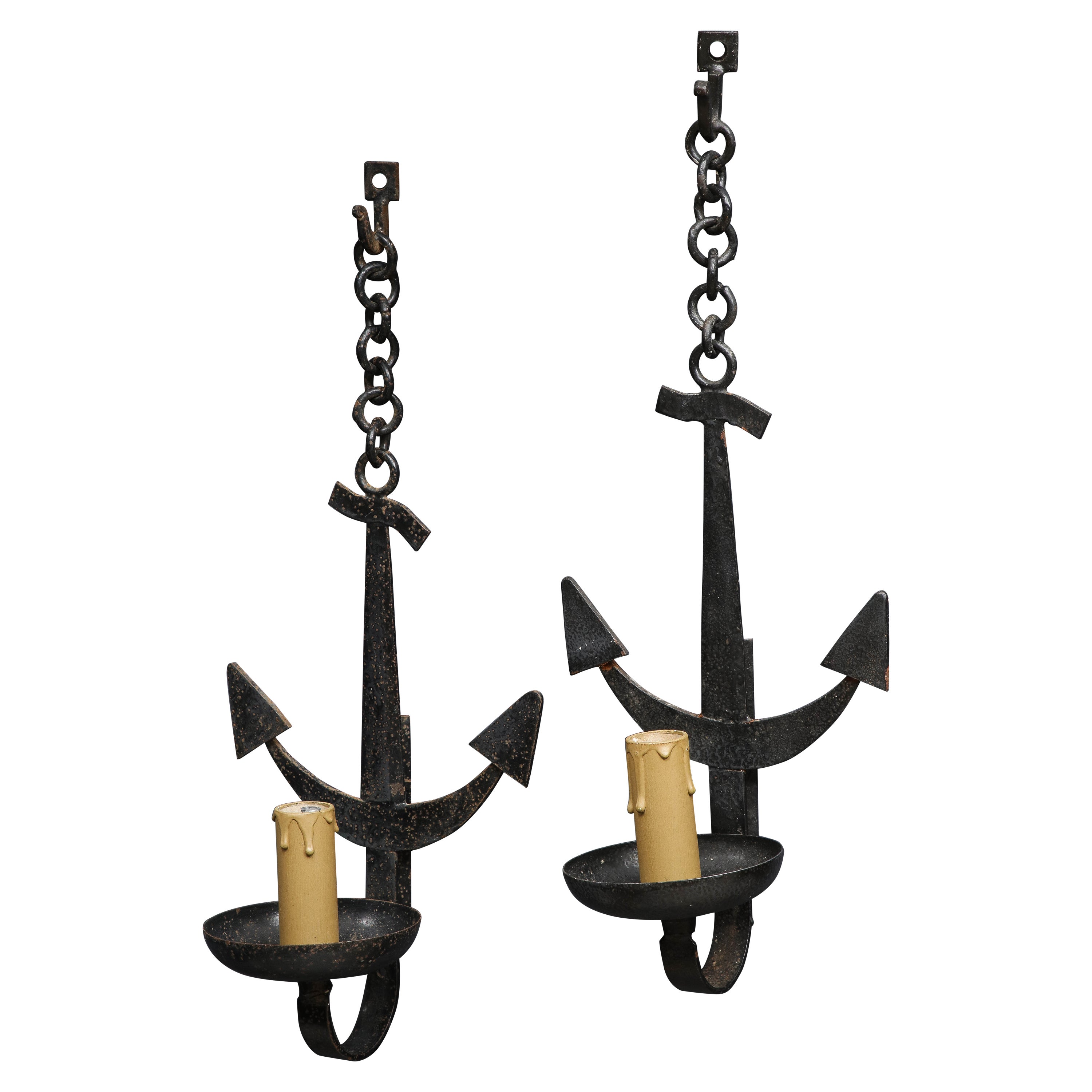 Pair of French 1950s Wrought Iron Anchor Shaped Wall Sconces For Sale