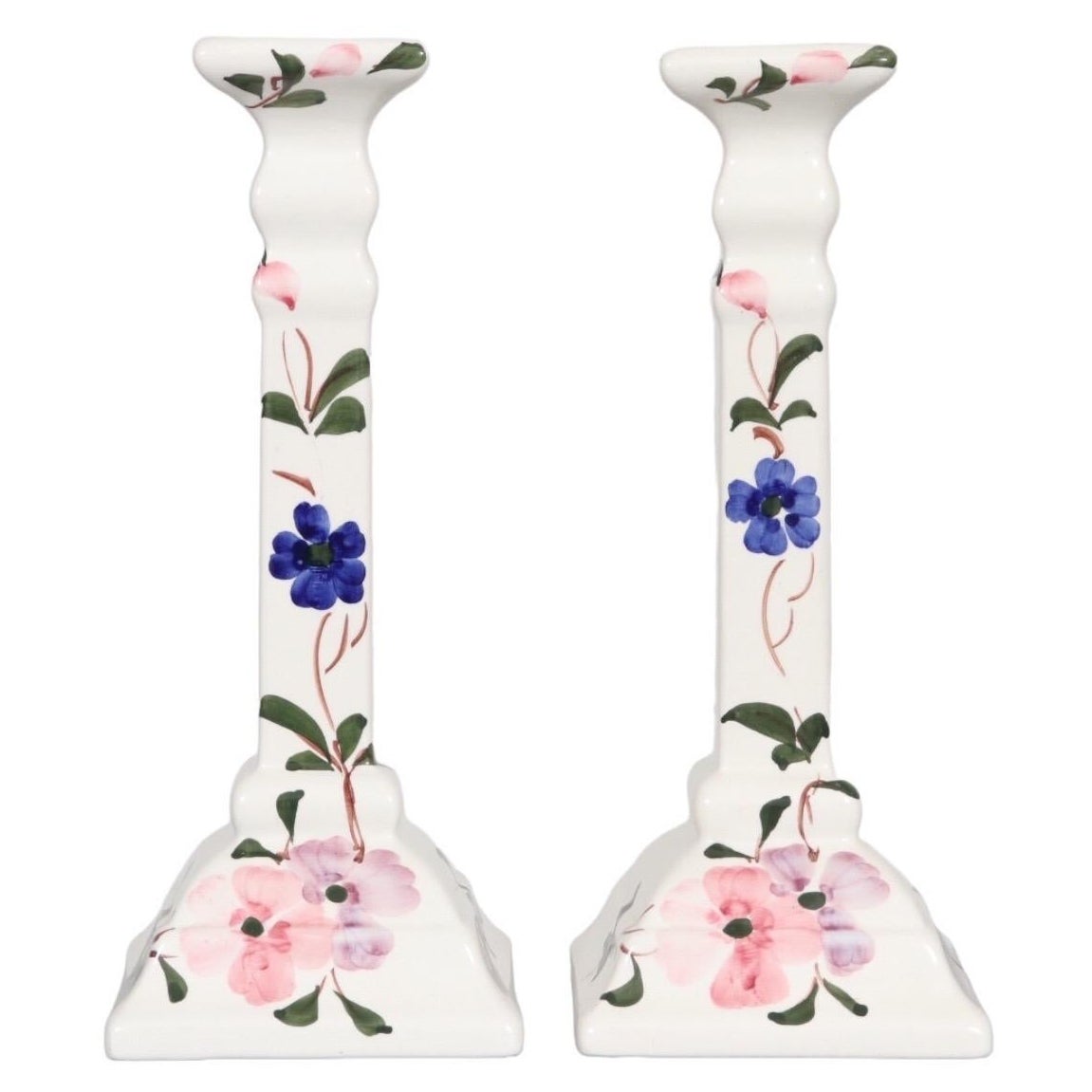 Portuguese Floral Ceramic Candlestick Holders, a Pair