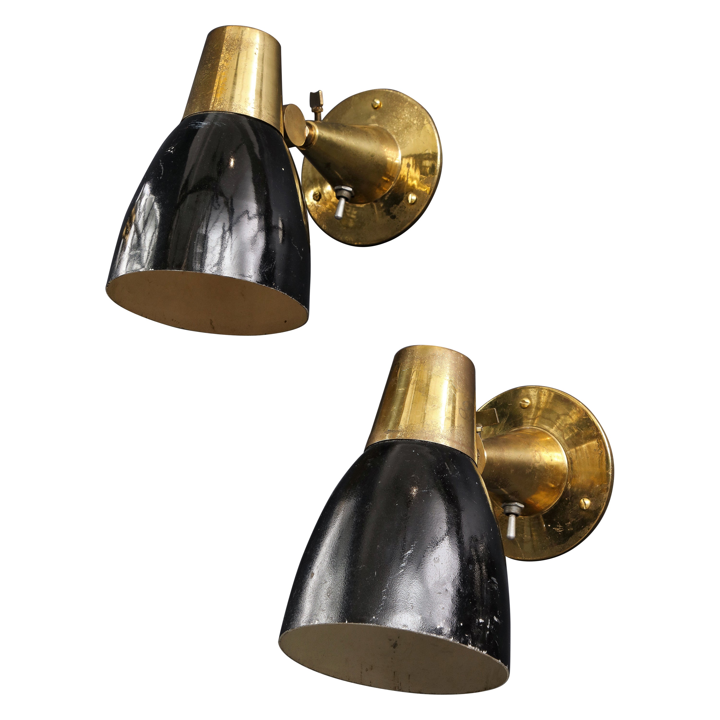 Pair of Midcentury Italian Brass and Enameled Steel Sconces, 1950s For Sale