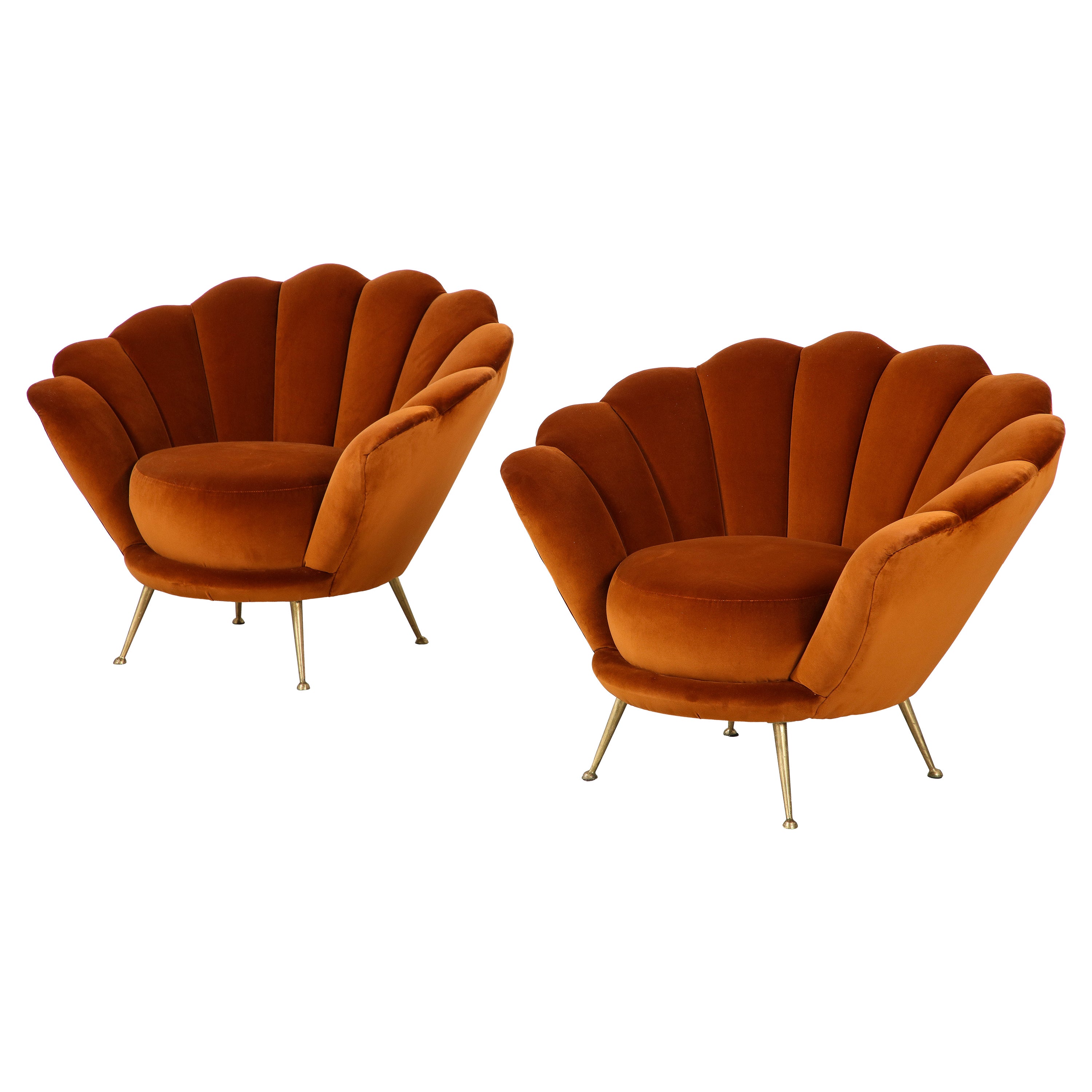 Pair of Italian 1950's Scalloped Shaped Velvet Lounge Chairs For Sale