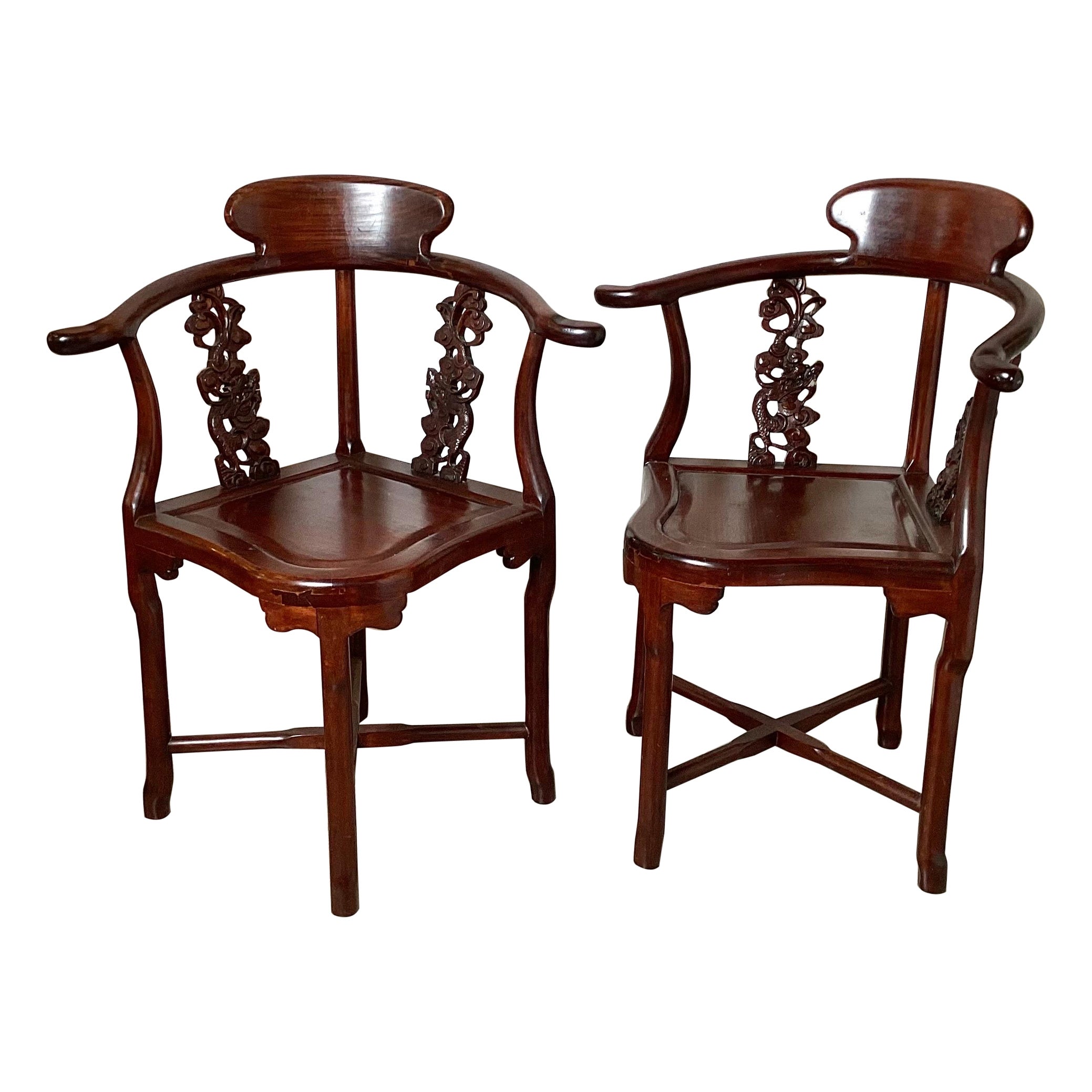 Pair of Hand Carved Chinese Corner Chairs For Sale