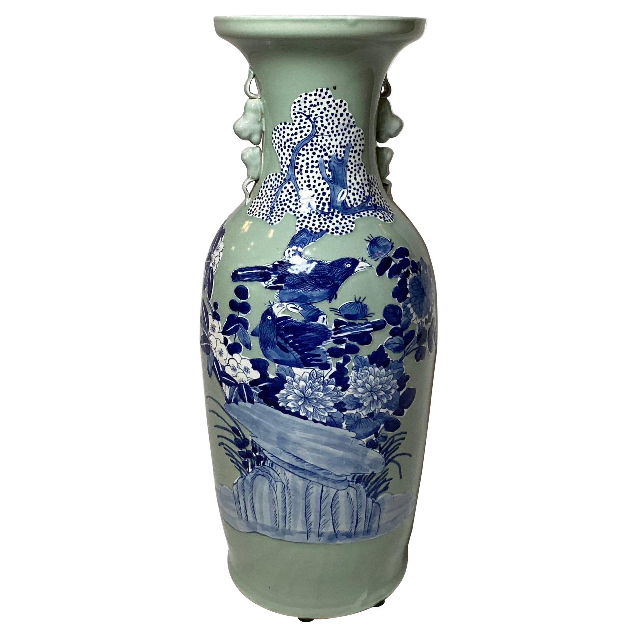 Antique Chinese Blue and White on Caledon Porcelain Floor Vase For Sale