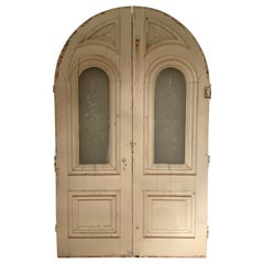Pair of Arch Top Antique Doors with Original Etched Glass
