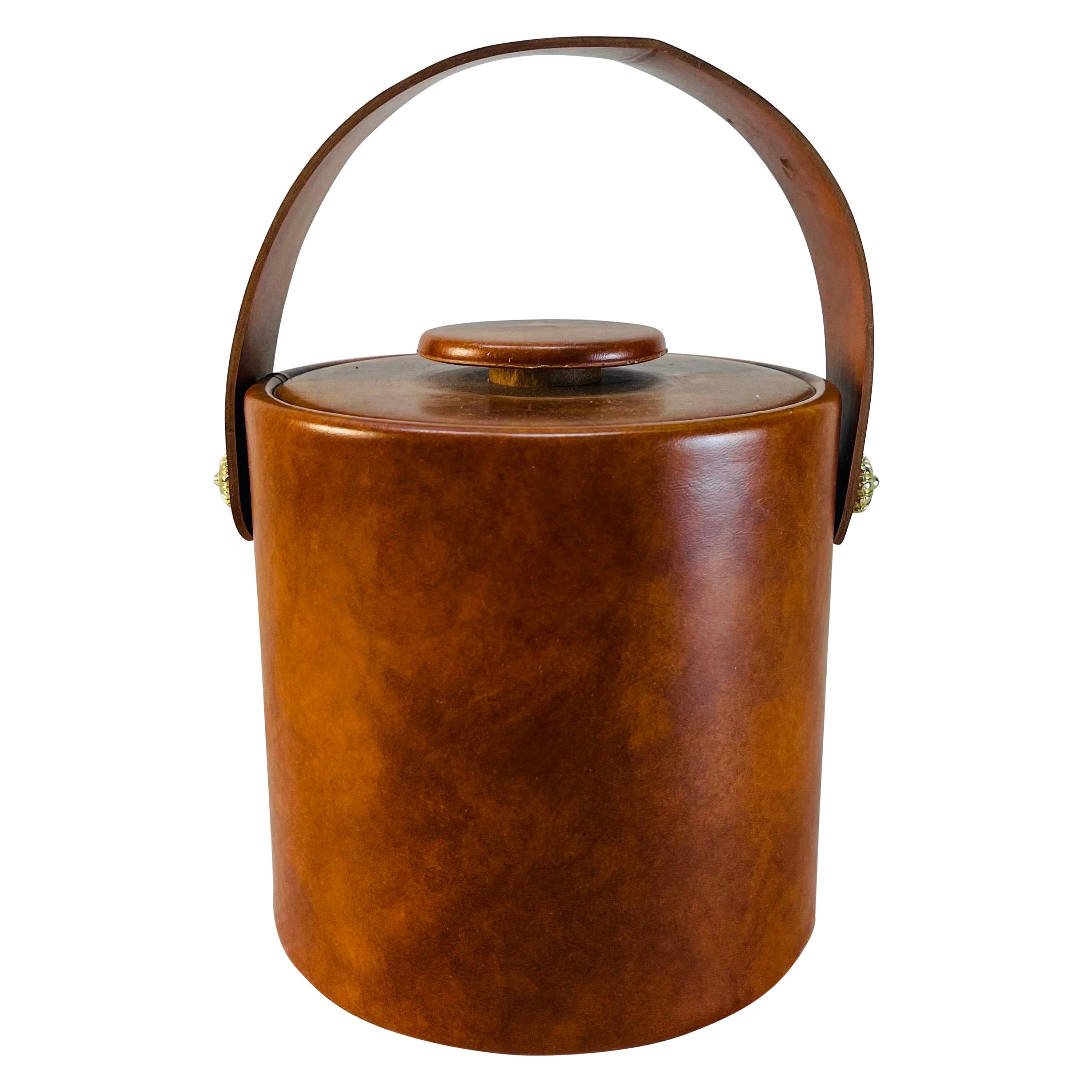 MCM Brown Vinyl and Gold Kraftware Ice Bucket and 6 Bar Glasses Style