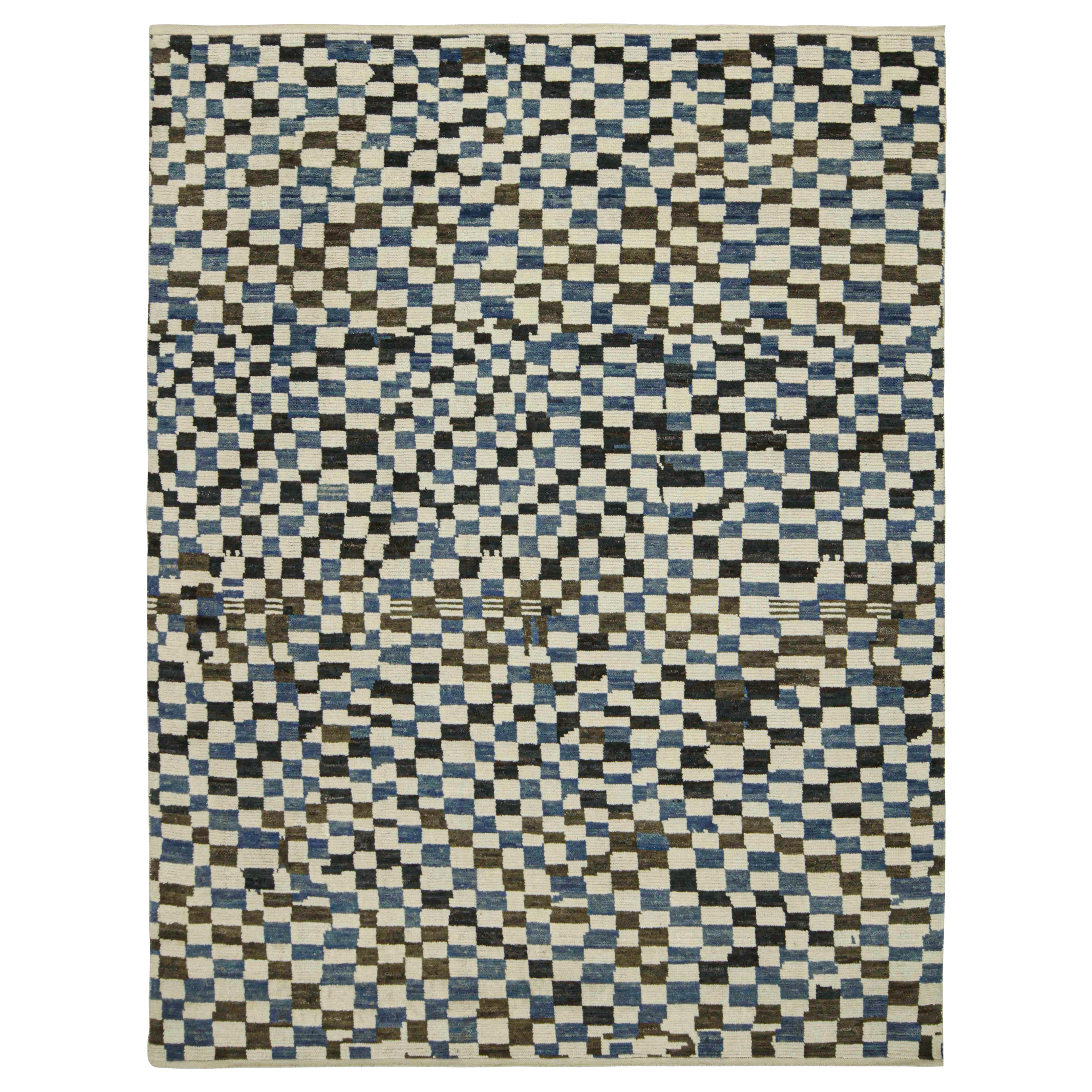 Rug & Kilim’s Moroccan Style Rug in White, Blue and Brown Checkered Pattern For Sale