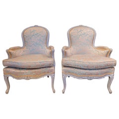 Antique Fine Pair of Late 18th C Beautiful Painted Greyish Blue Louis XV Bergeres