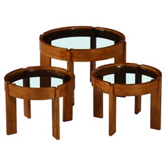 Gianfranco Frattini for Cassina Set of 3 Smoked Glass and Walnut Tables, ca 1967