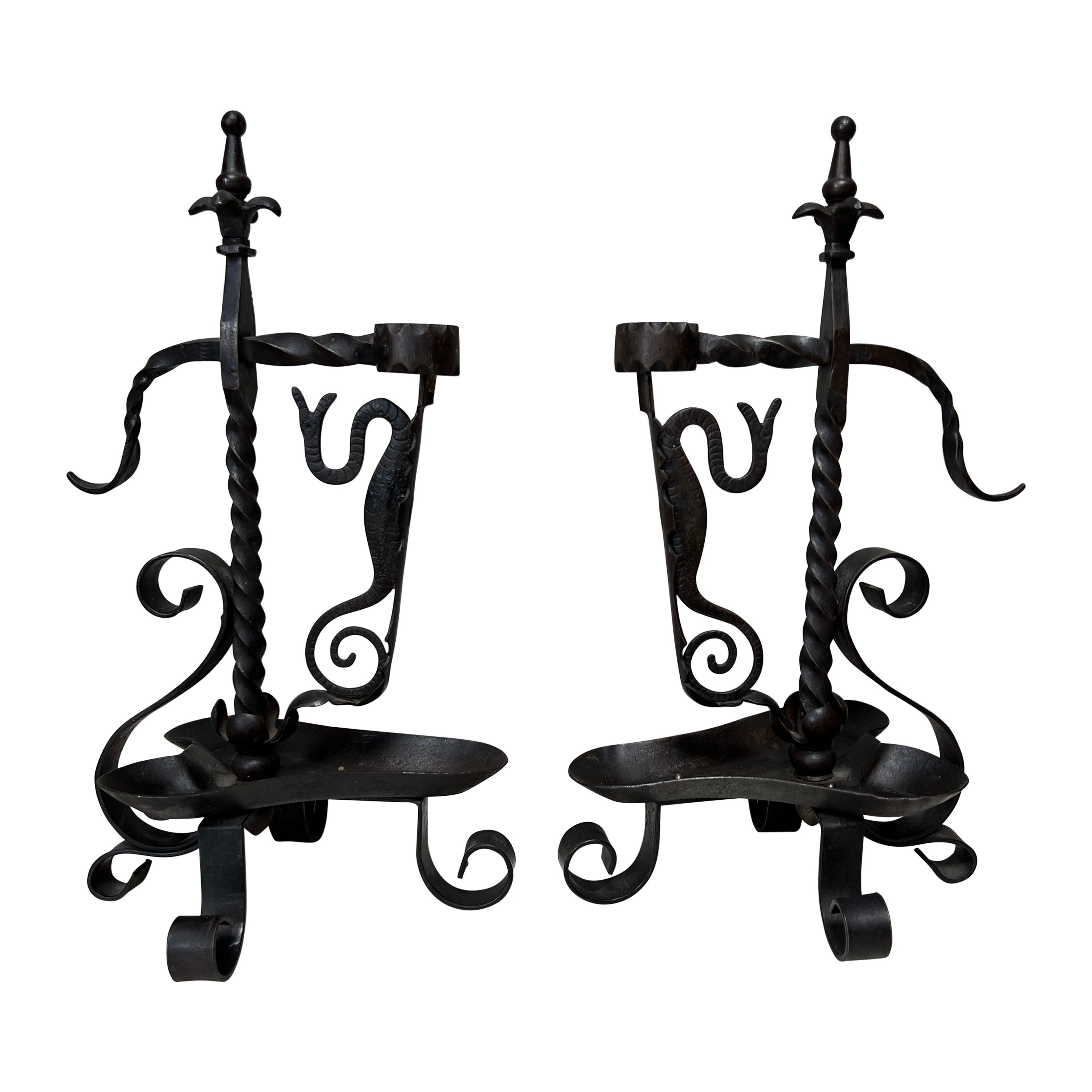 Pair of 19th Century French Forged Iron Candlesticks For Sale