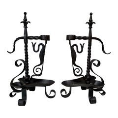 Antique Pair of 19th Century French Forged Iron Candlesticks