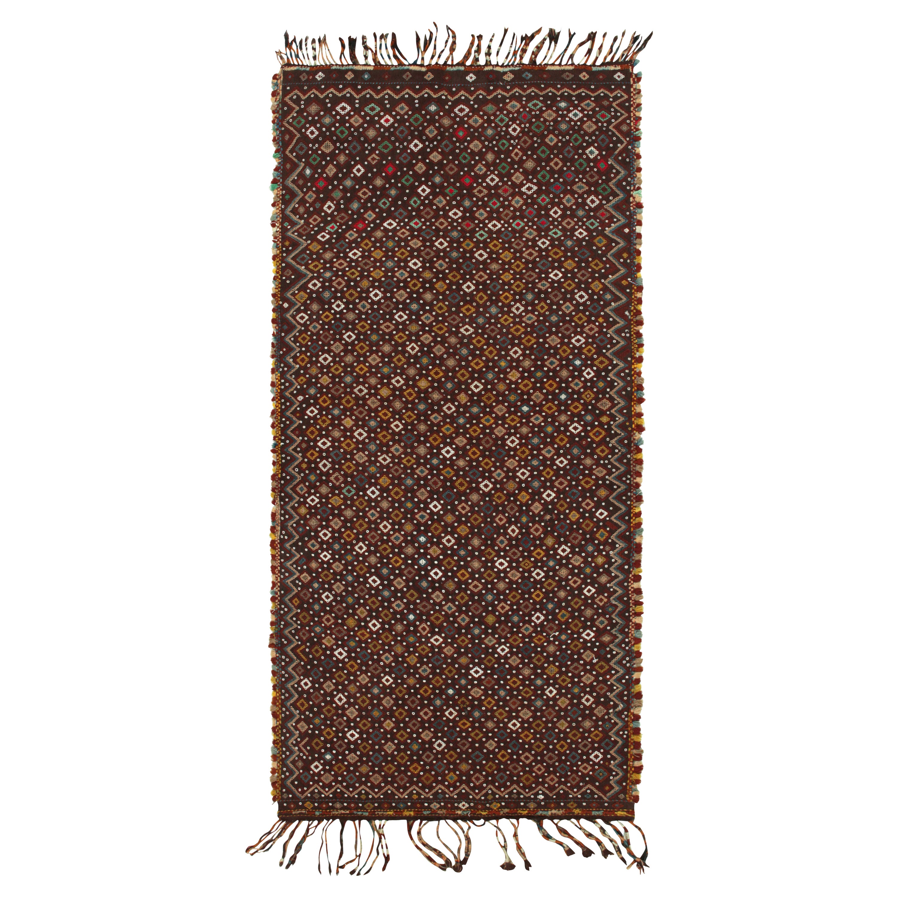 Vintage Tribal Kilim in Brown with Polychromatic Diamond Patterns by Rug & Kilim For Sale