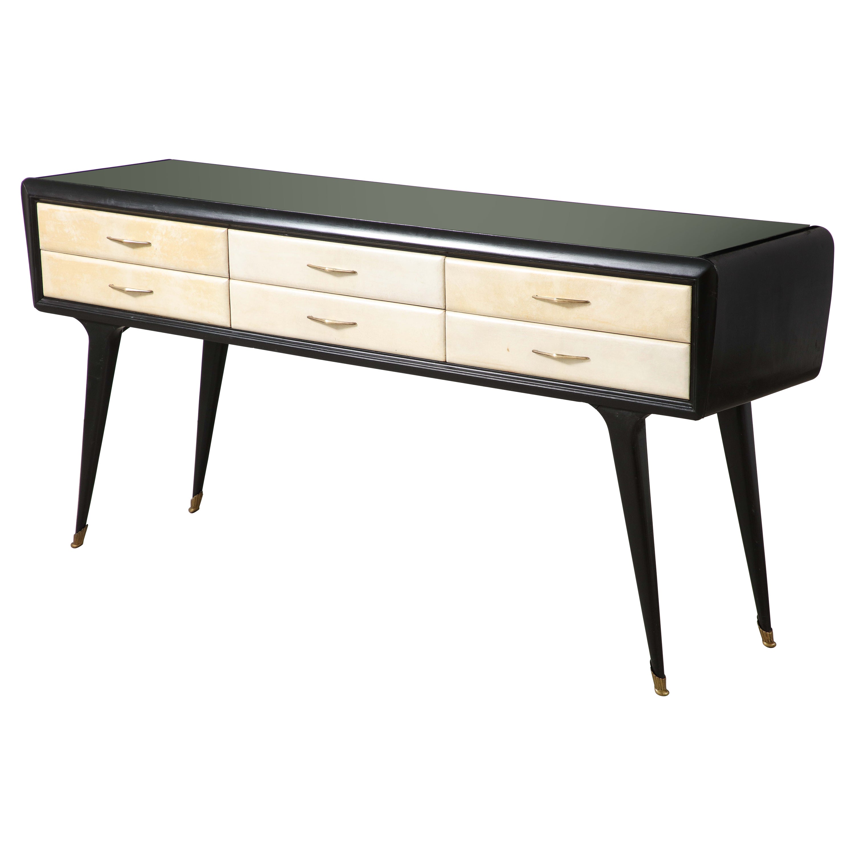 Italian Art Deco Ebonized and Vellum Sideboard with Inset Glass Top, circa 1940 For Sale