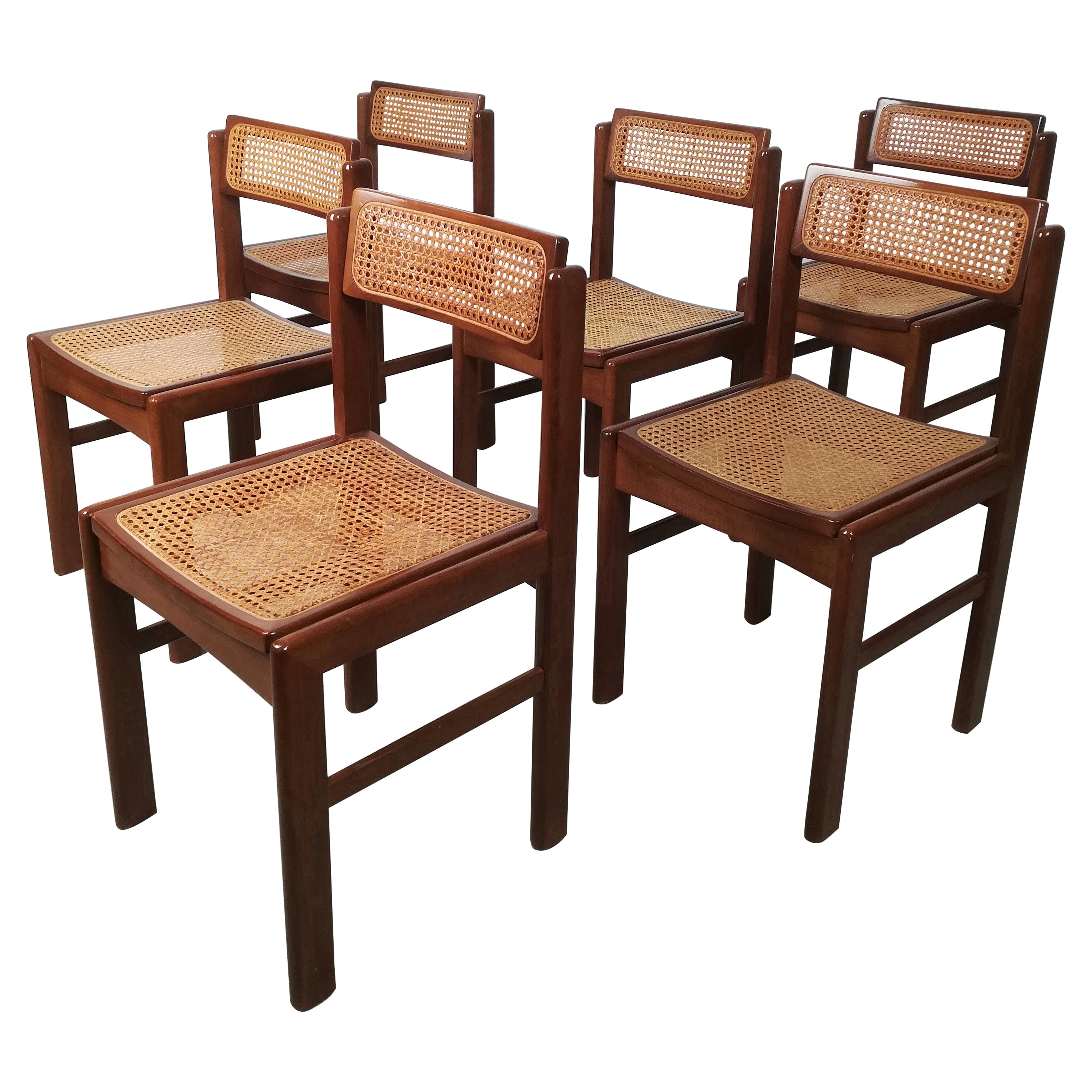Italian Vintage Chairs in Walnut and Natural Rattan, Italy 1970s