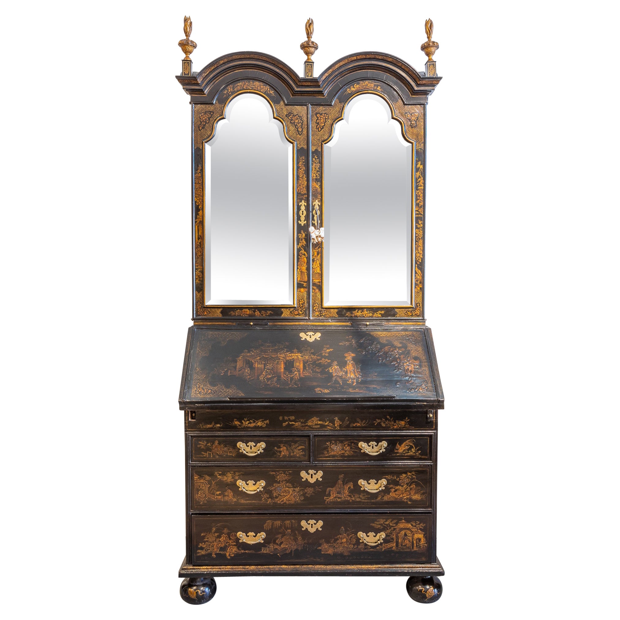 Fine and Rare 18th C  Georgian Black Lacquered and Chinoiserie Secretary For Sale