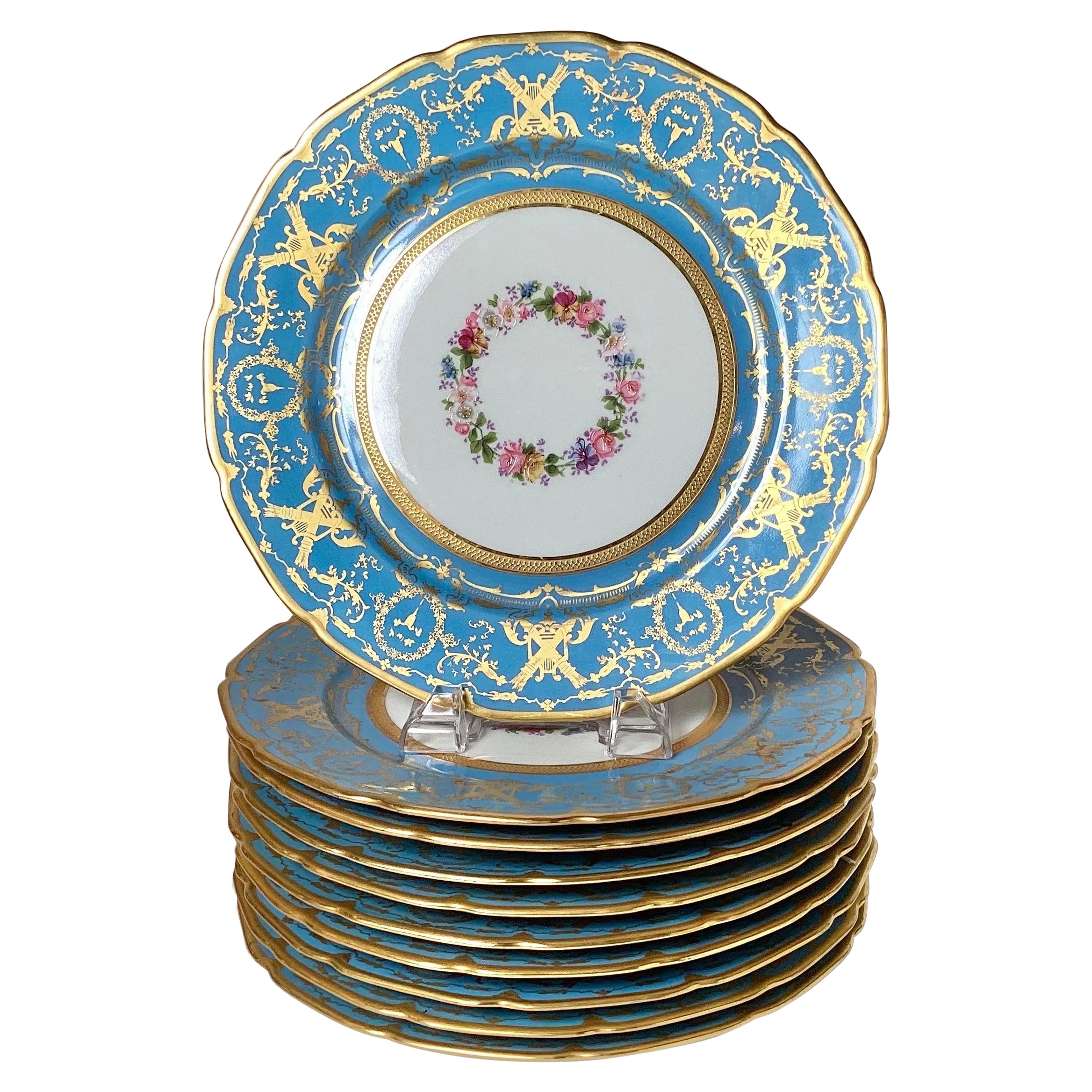 Set of 10 French Limoges Porcelain Cerulean Blue Service Dinner Plates