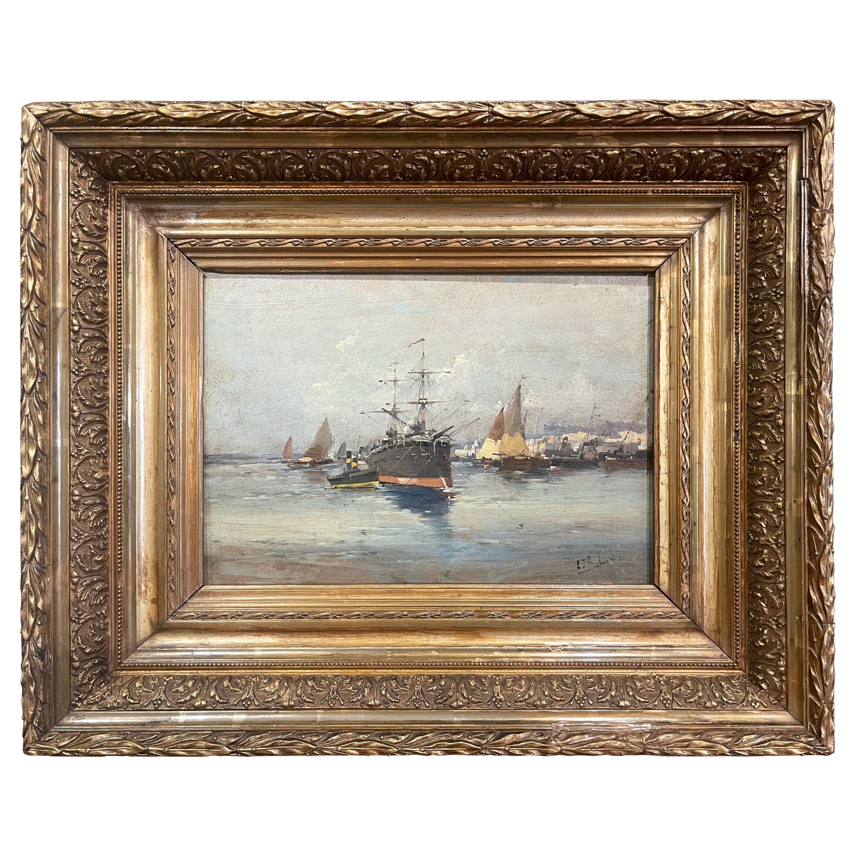 19th Century Oil Ship Painting in Gilt Frame Signed Dupuy for E. Galien-Laloue