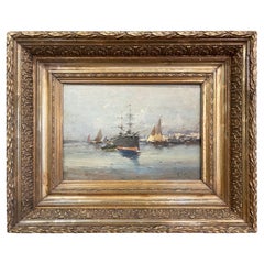 Antique 19th Century Oil Ship Painting in Gilt Frame Signed Dupuy for E. Galien-Laloue