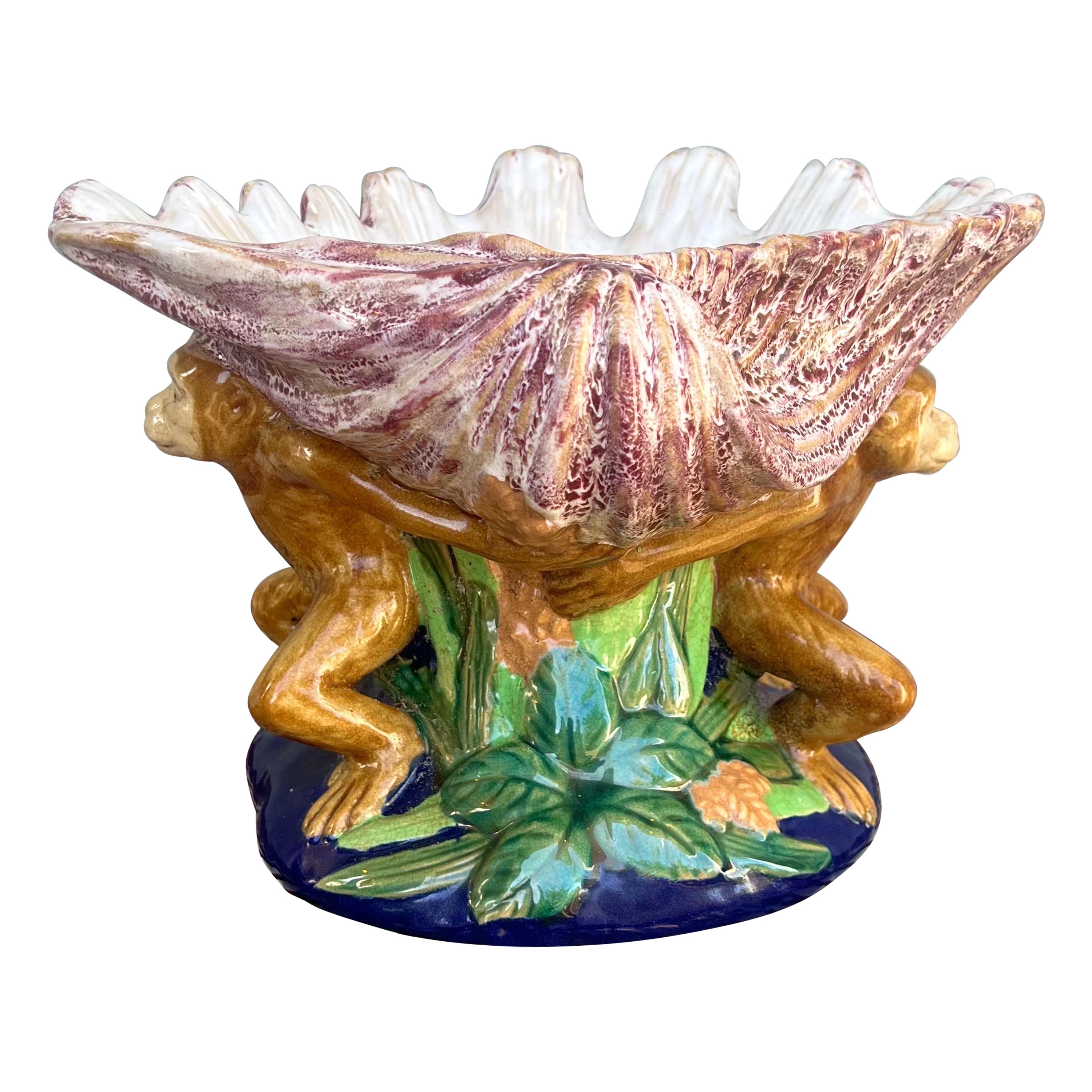 Vintage Majolica Monkey Sea Shell Centerpiece Fruit Bowl