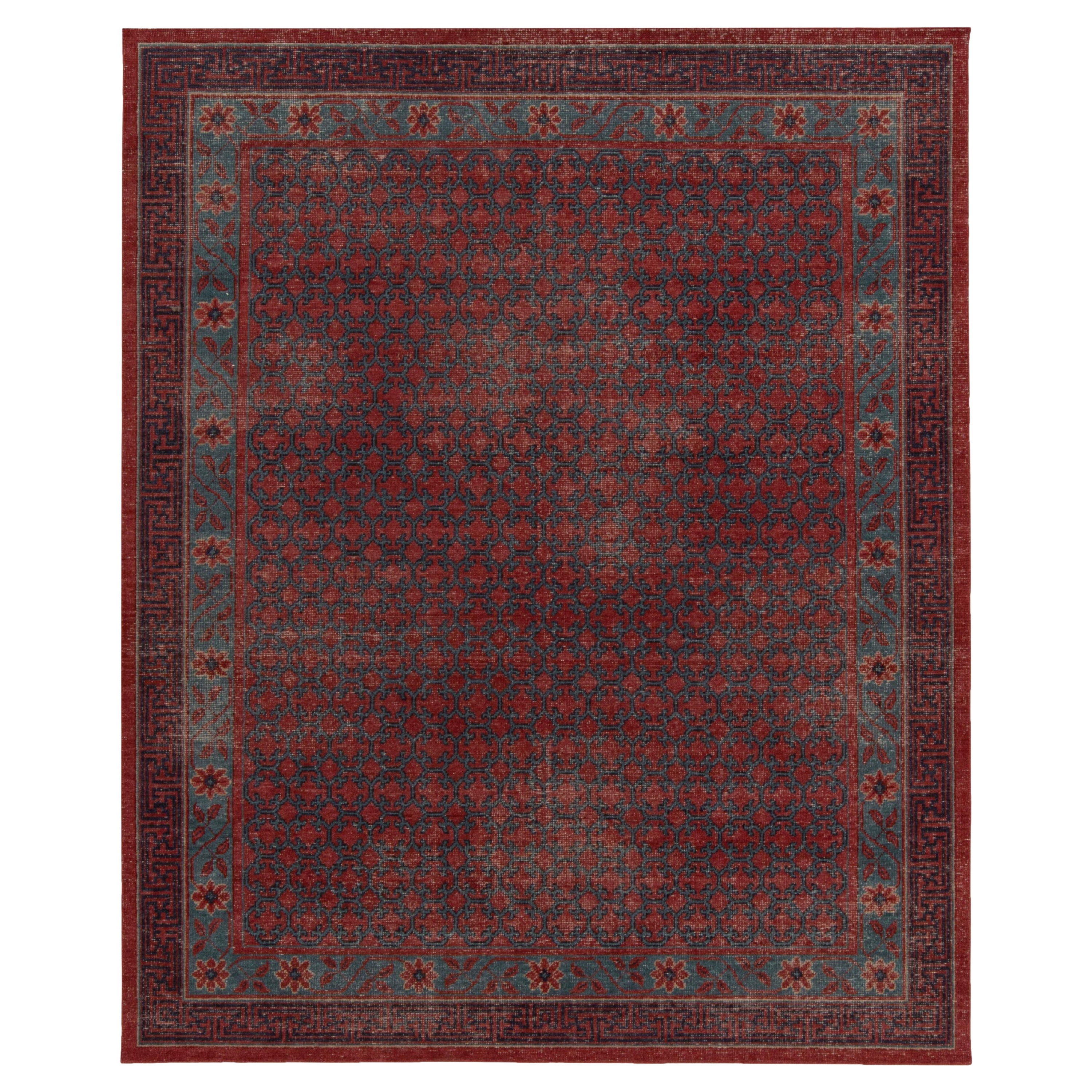 Rug & Kilim's Distressed Khotan Style Teppich mit rotem und blauem Spalier-Muster