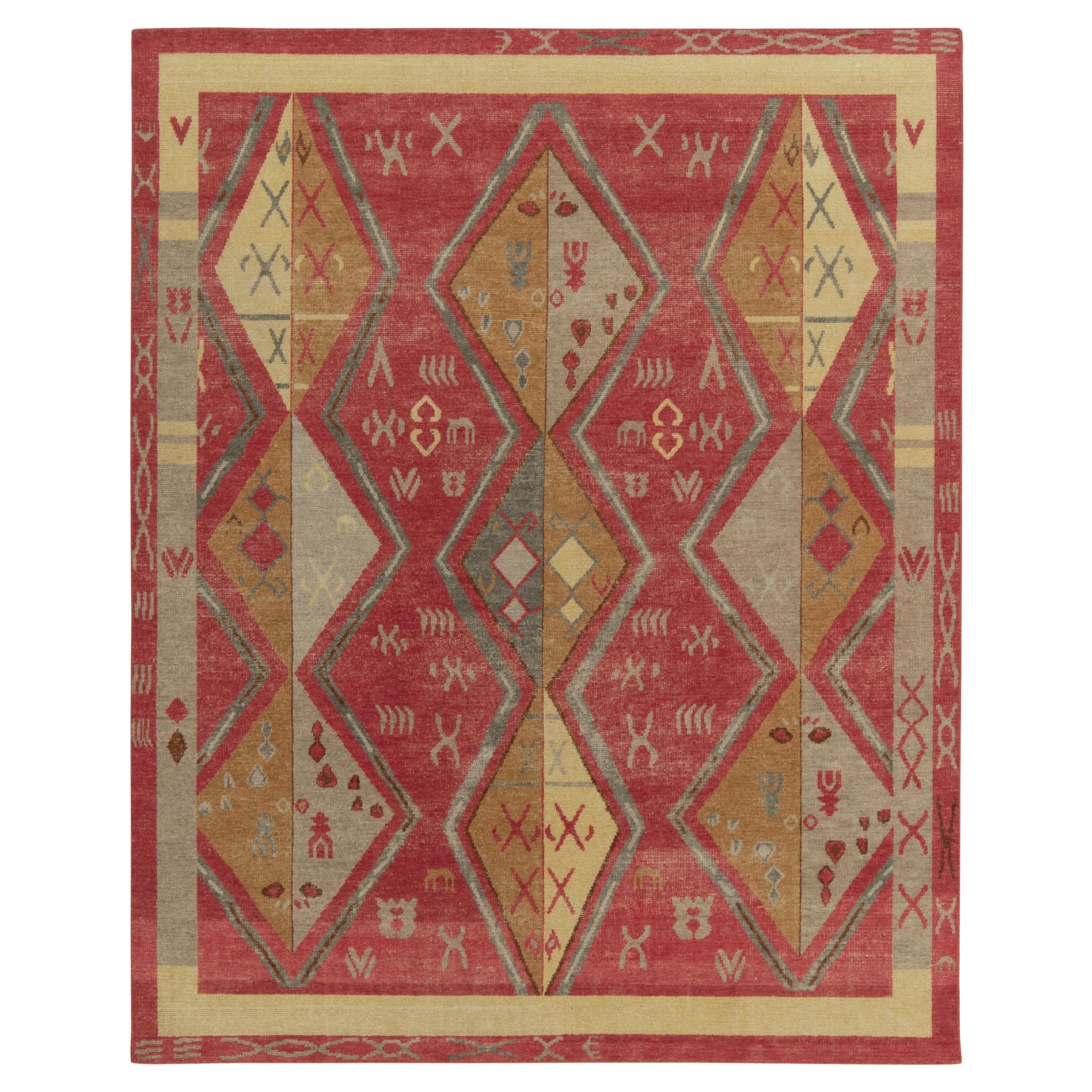 Rug & Kilim’s Distressed Yuruk Style Rug in Red, Beige & Gray Geometric Patterns For Sale