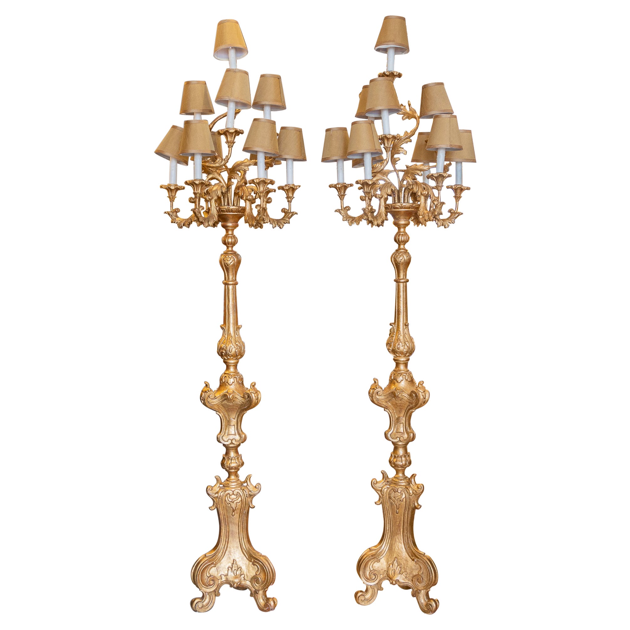 Fine Pair of Gilt Carved French Early 20th C Candelabra Floor Lamps 10 Lights