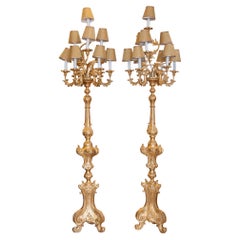 Fine Pair of Gilt Carved French Early 20th C Candelabra Floor Lamps 10 Lights
