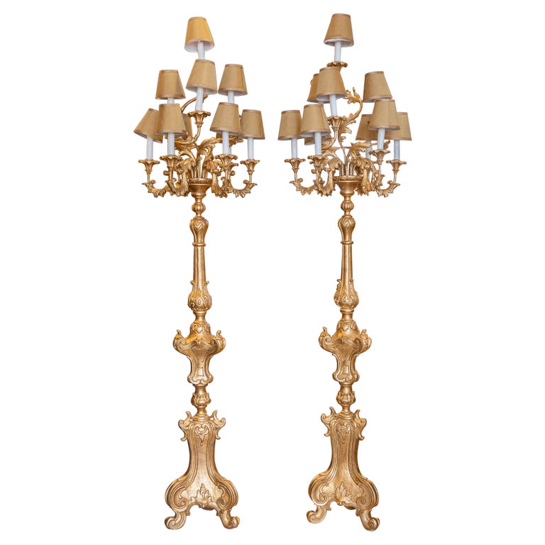 Fine Pair of Gilt Carved French Early 20th C Candelabra Floor Lamps 10