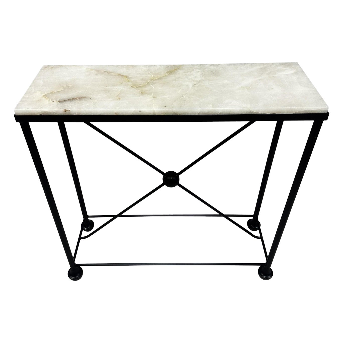 2 French Modern Neoclassical Rock Crystal & Iron Consoles, Jean-Michel Frank